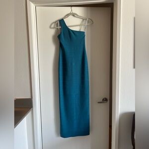 Herve Leger Teal One-Shoulder Dress